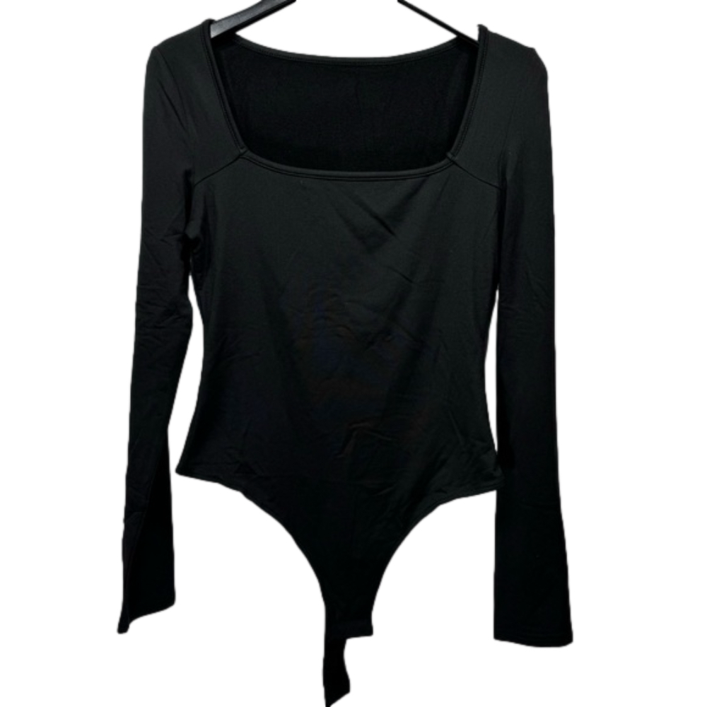Black Bodysuit Long Sleeve Square Neck Thong Size Medium NEW